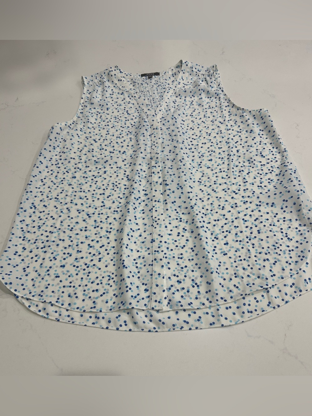 NYDJ Sleeveless V-Neck Pintuck Blouse w/ Polka Dot Pattern